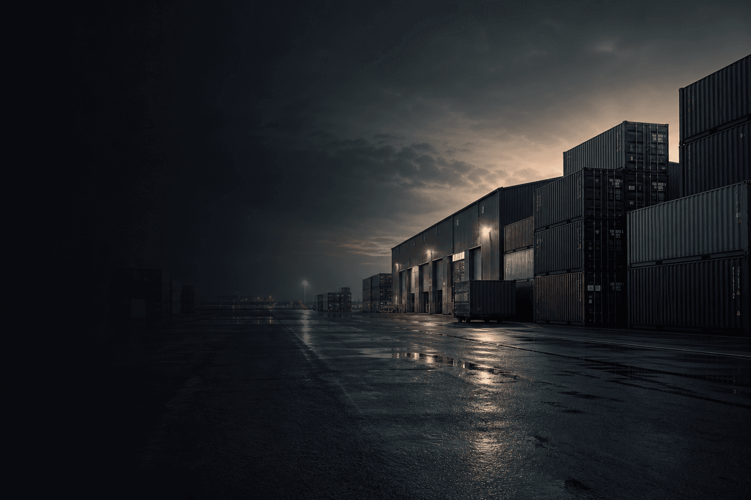Shipping containers stacked at a port at dusk